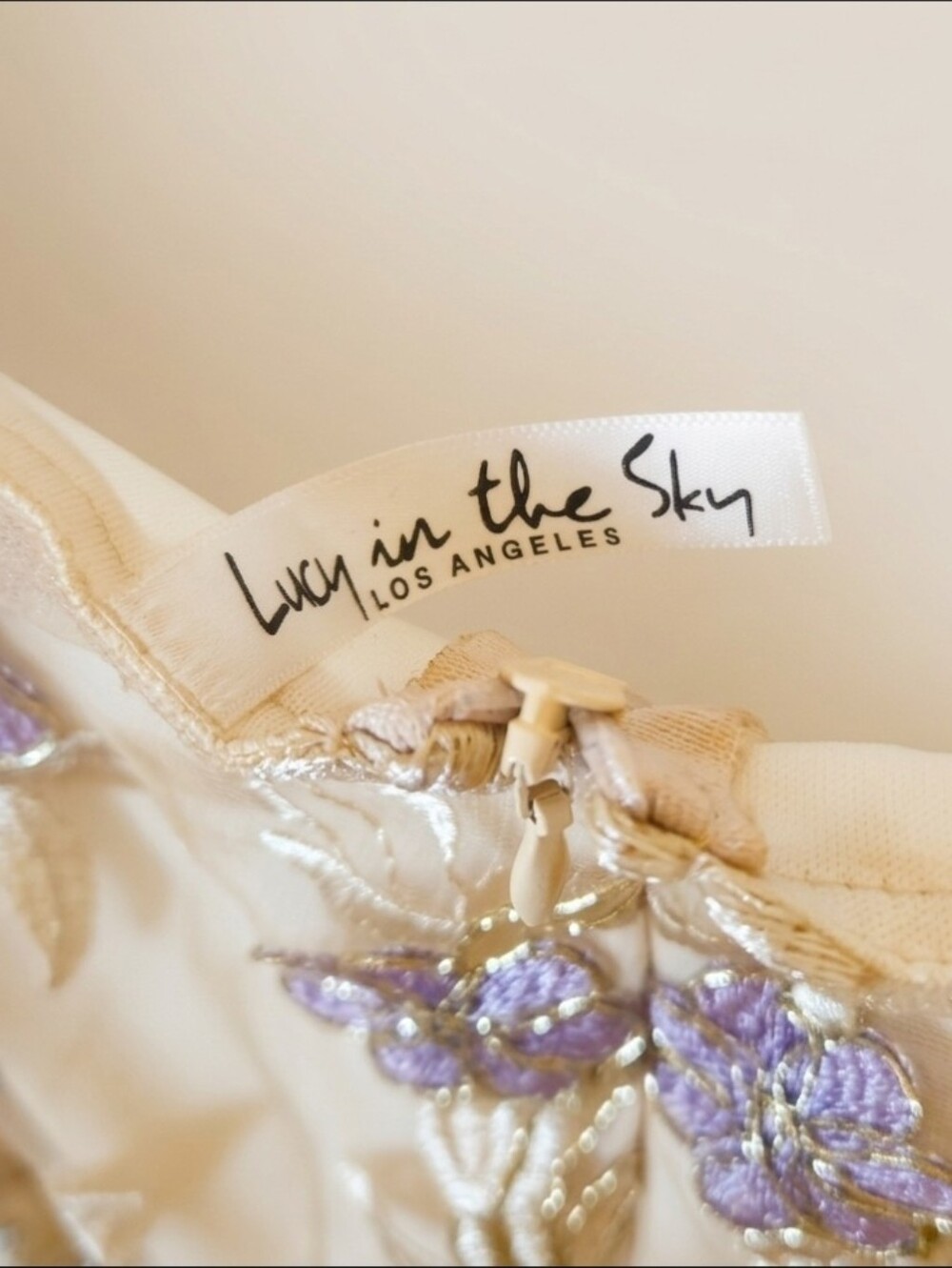 Lucy in the Sky Amari Gold Beige Lavender Floral Mesh Mini Dress - Picture 3 of 7